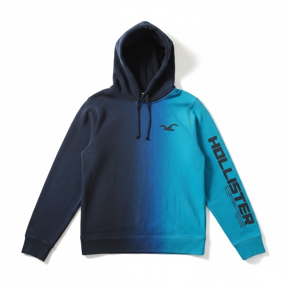 Hollister Men's Black Blue Pullover Hoodie Hooded Sweatshirt Logo Sleeve